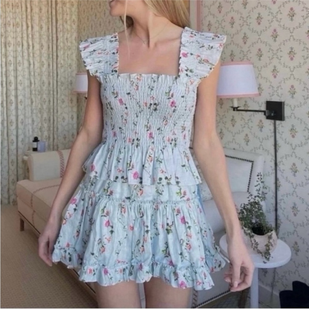 Hill House 100% Linen Pond Floral The Paz Tiered Ruffle Mini Skirt SZ Small - Picture 11 of 11